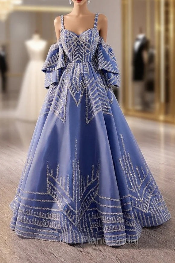 Blue Tulle Sequins Spagehtti Straps Formal Prom Dresses Main image