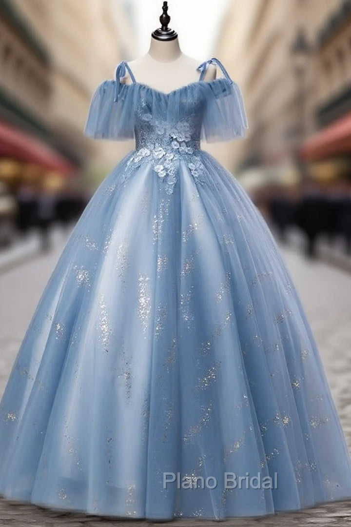 Blue Tulle Sequins Spaghetti Straps Appliques Quinceanera Dresses Main image