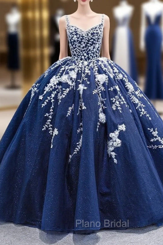 Blue Tulle Sequins Spaghetti Straps Beading Formal Prom Dresses With Train Main image