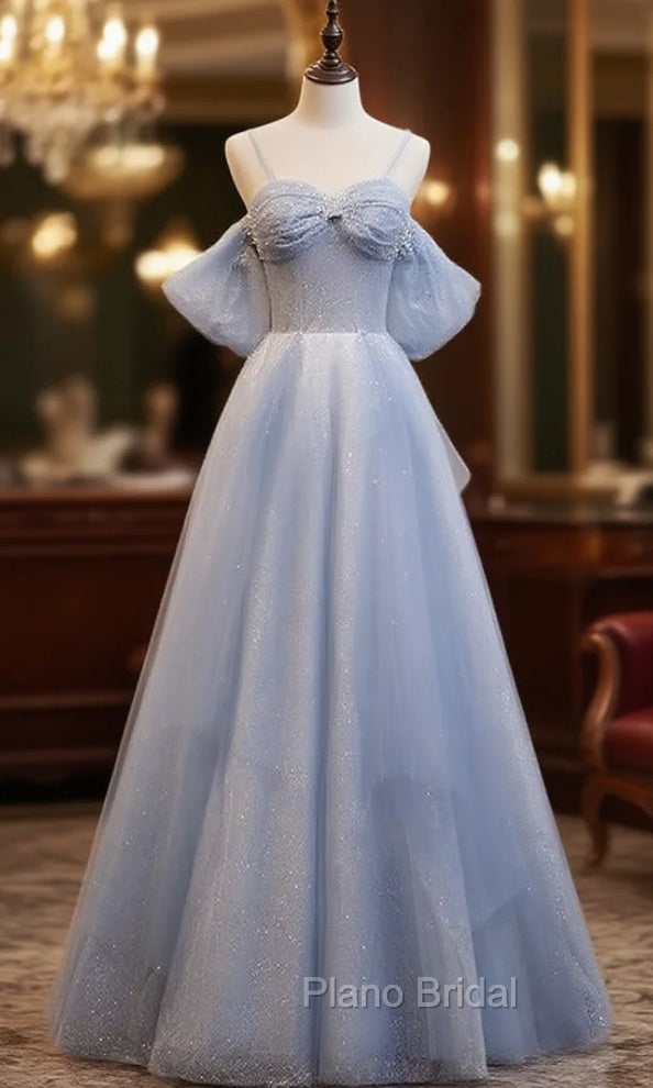 Blue Tulle Sequins Spaghetti Straps Beading Formal Prom Dresses Main image