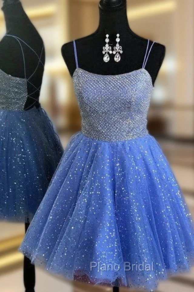 Blue Tulle Sequins Spaghetti Straps Homecoming Dresses