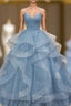 Blue Tulle Sequins Spaghetti Straps Pleats Formal Prom Dresses