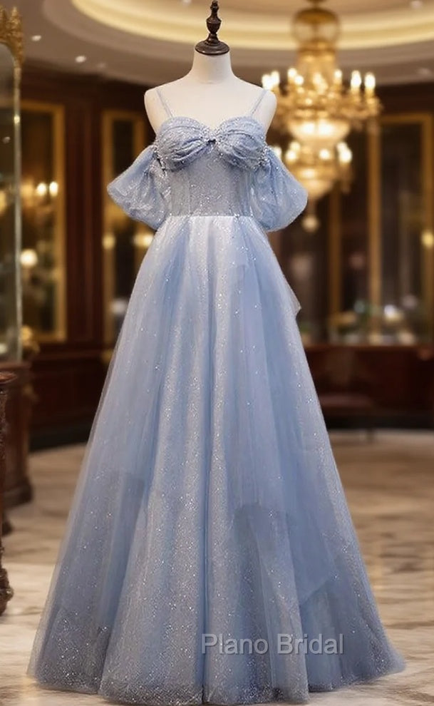 Blue Tulle Sequins Spaghetti Straps Formal Prom Dresses