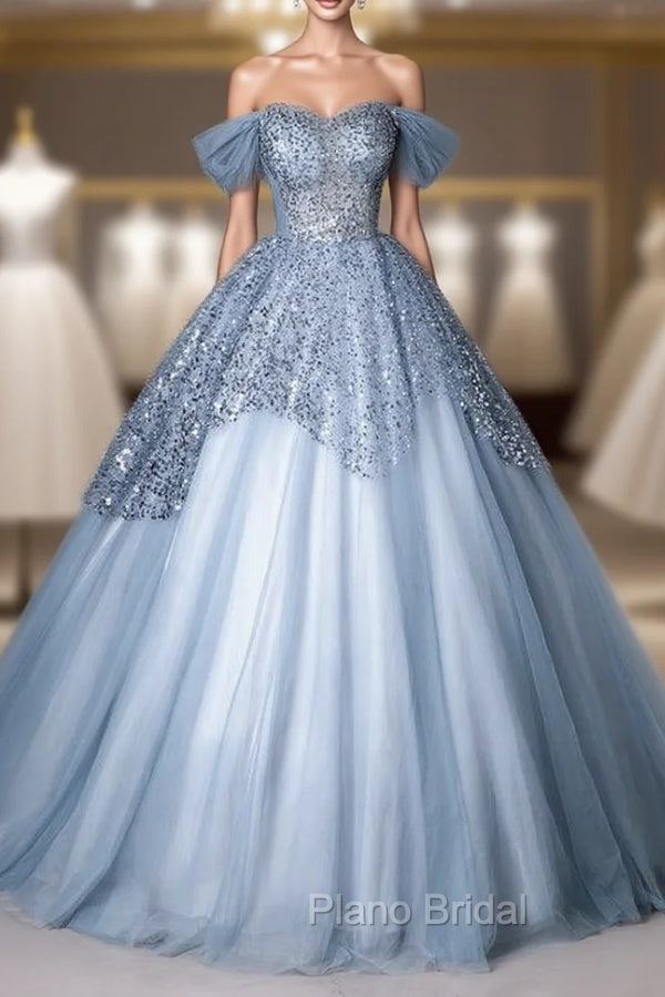 Blue Tulle Sequins Spaghetti Straps Quinceanera Dresses Main image