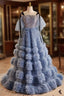 Blue Tulle Sequins Spaghetti Straps Tiers Formal Prom Dresses