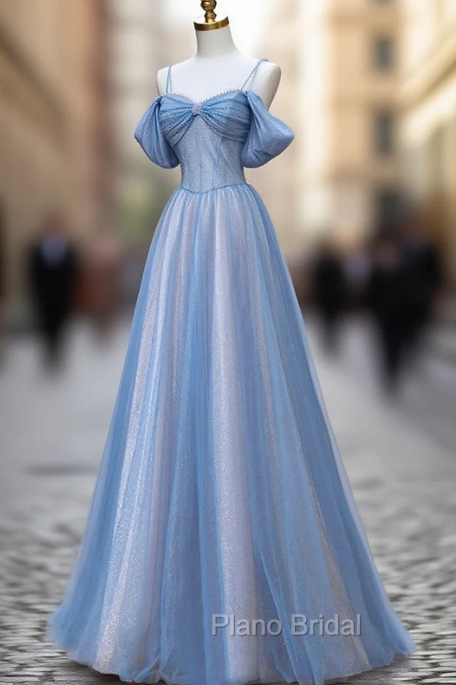 Blue Tulle Sequins Spahetti Straps Formal Prom Dresses