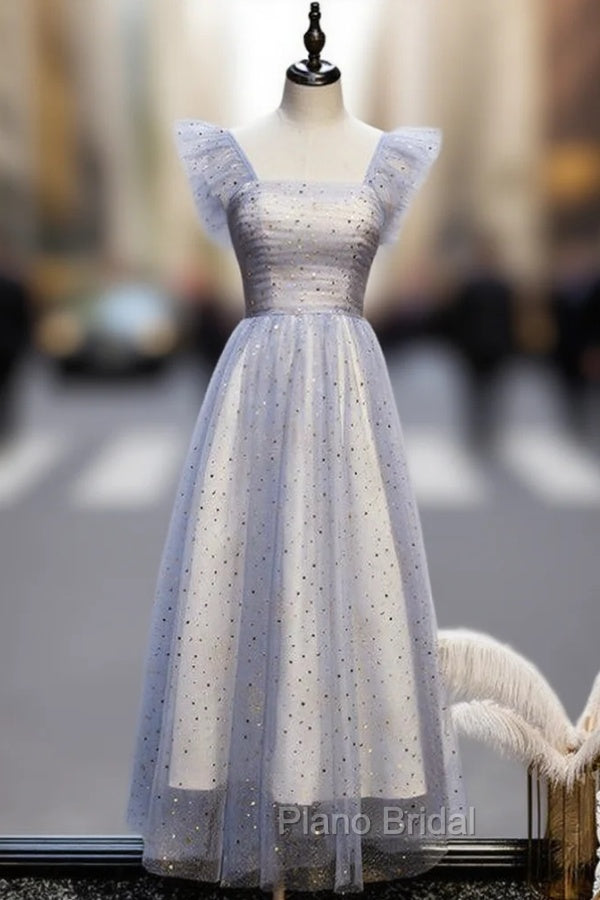 Blue Tulle Sequins Square Ankle Length Formal Prom Dresses