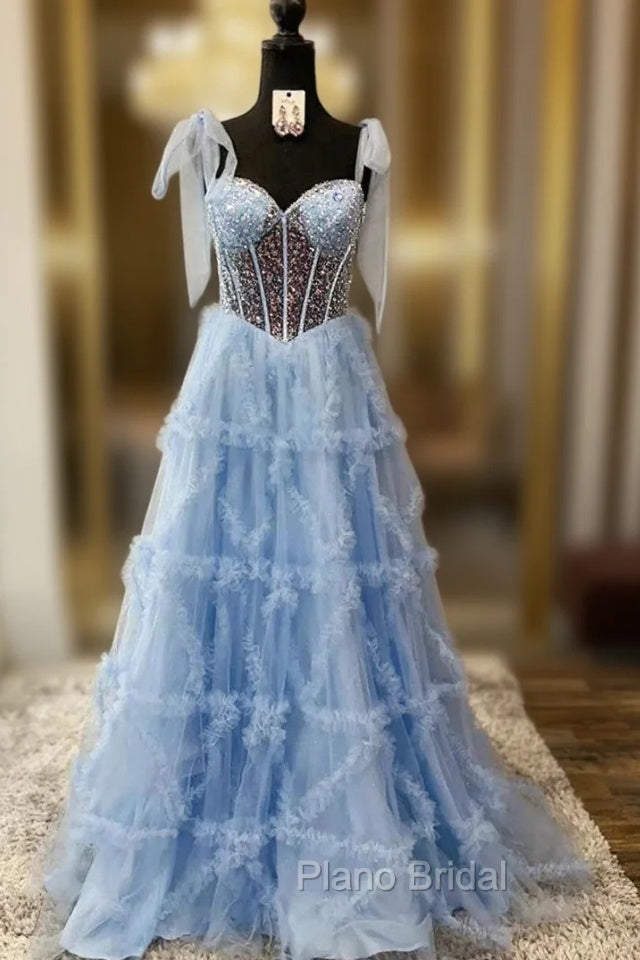 Blue Tulle Sequins Straples Formal Prom Dresses Main image