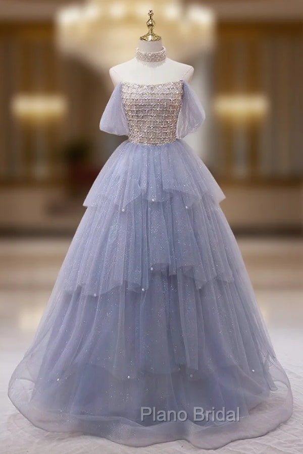 Blue Tulle Sequins Strapless Beading Formal Prom Dresses Main image