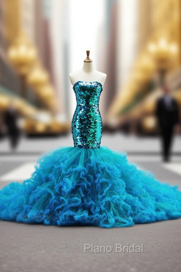 Blue Tulle Sequins Strapless Mermaid Trailing Wedding Dresses Main image