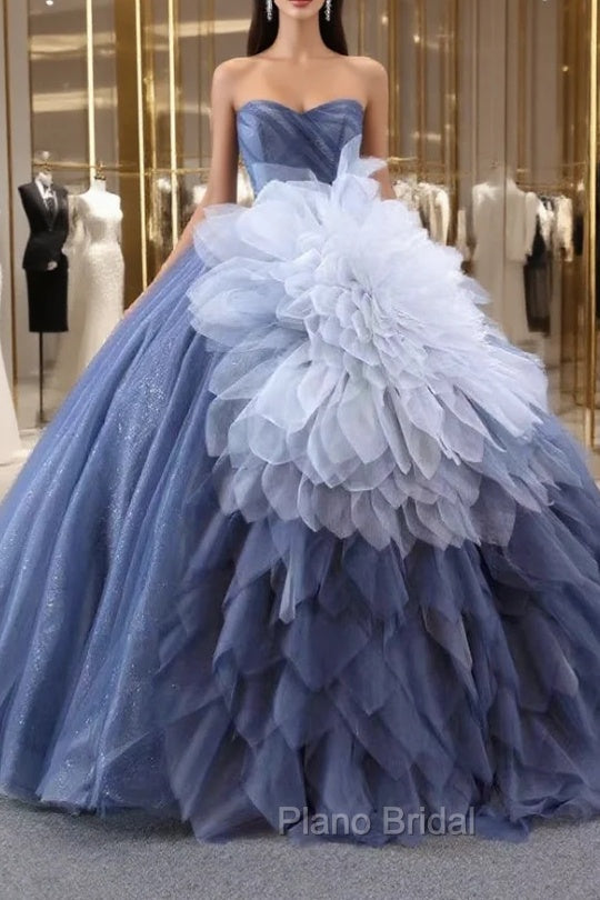 Blue Tulle Sequins Strapless Formal Prom Dresses With Detachable Puff Tulle Main image