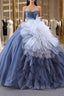 Blue Tulle Sequins Strapless Formal Prom Dresses With Detachable Puff Tulle