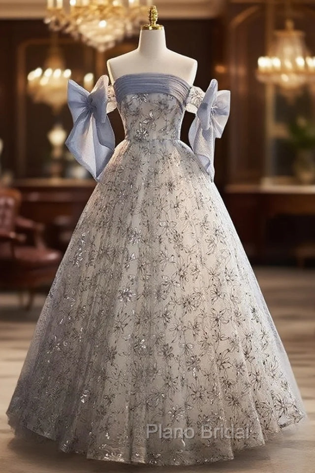 Blue Tulle Sequins Strapless Formal Prom Dresses