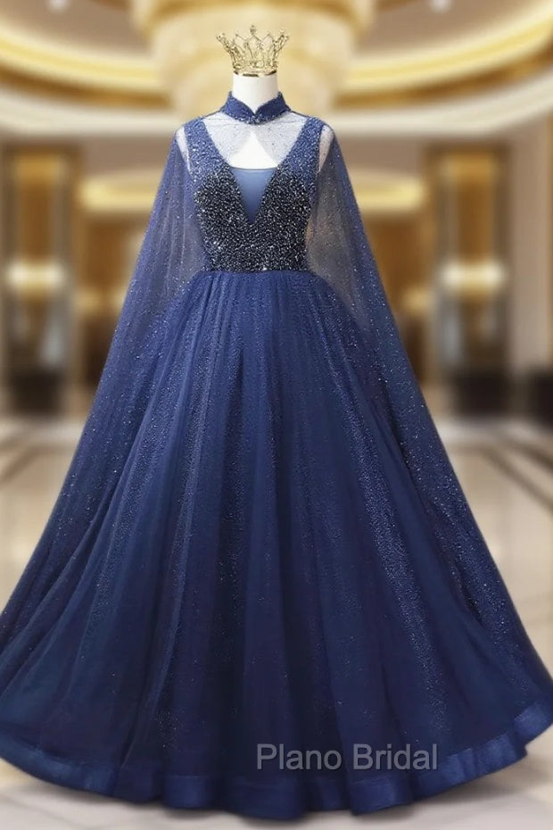 Blue Tulle Sequins V-neck Beading Formal Prom Dresses Main image