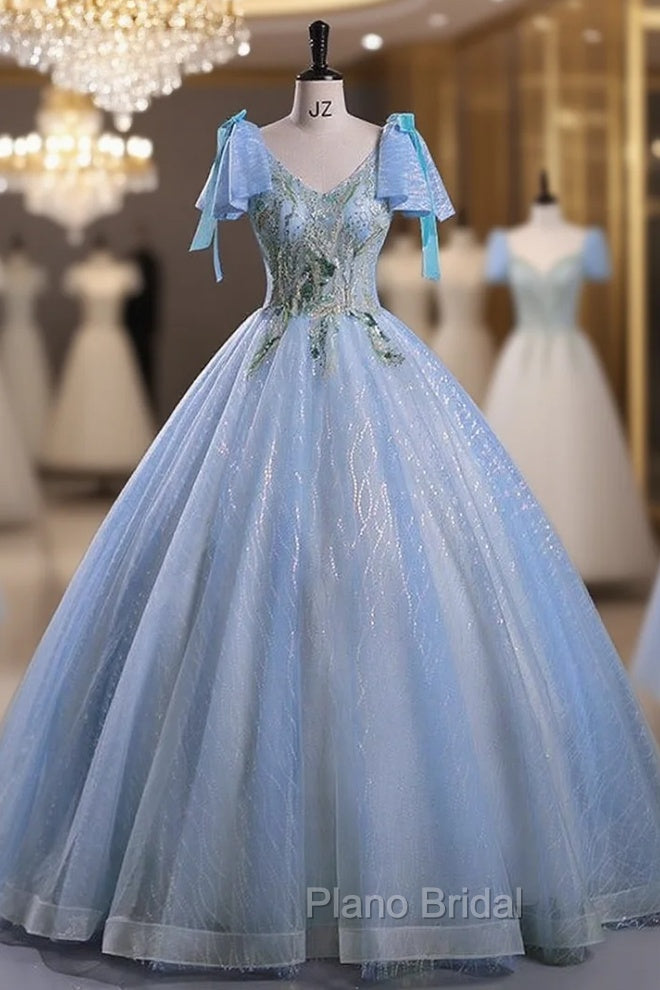 Blue Tulle Sequins V-neck Beading Quinceanera Dresses Main image