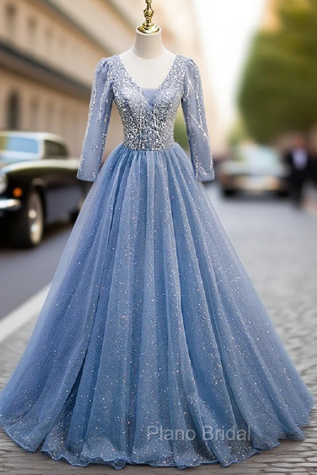 Blue Tulle Sequins V-neck Long Sleeve Beading Formal Prom Dresses Main image