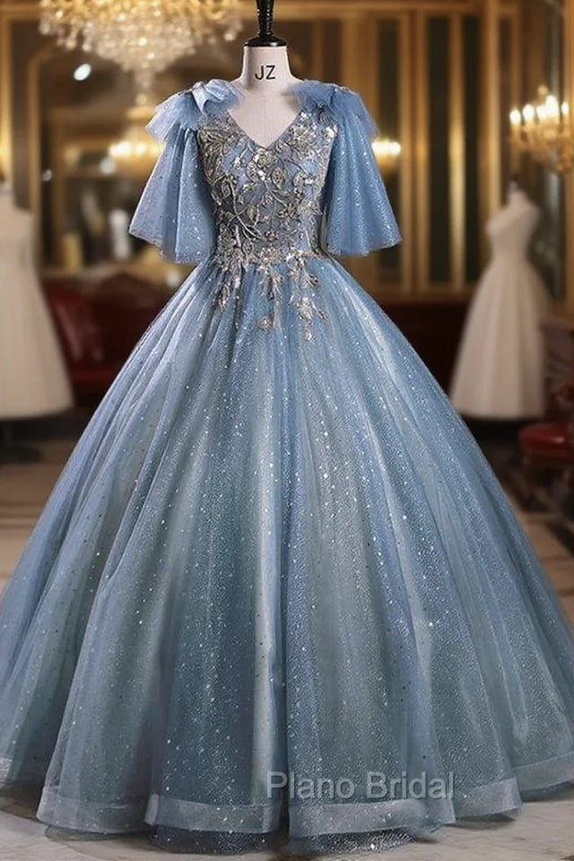 Blue Tulle Sequins V-neck Quinceanera Dresses Main image