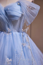 Blue Tulle Short Party Dresses, Lovely A-Line Off Shoulder Formal Prom Dresses