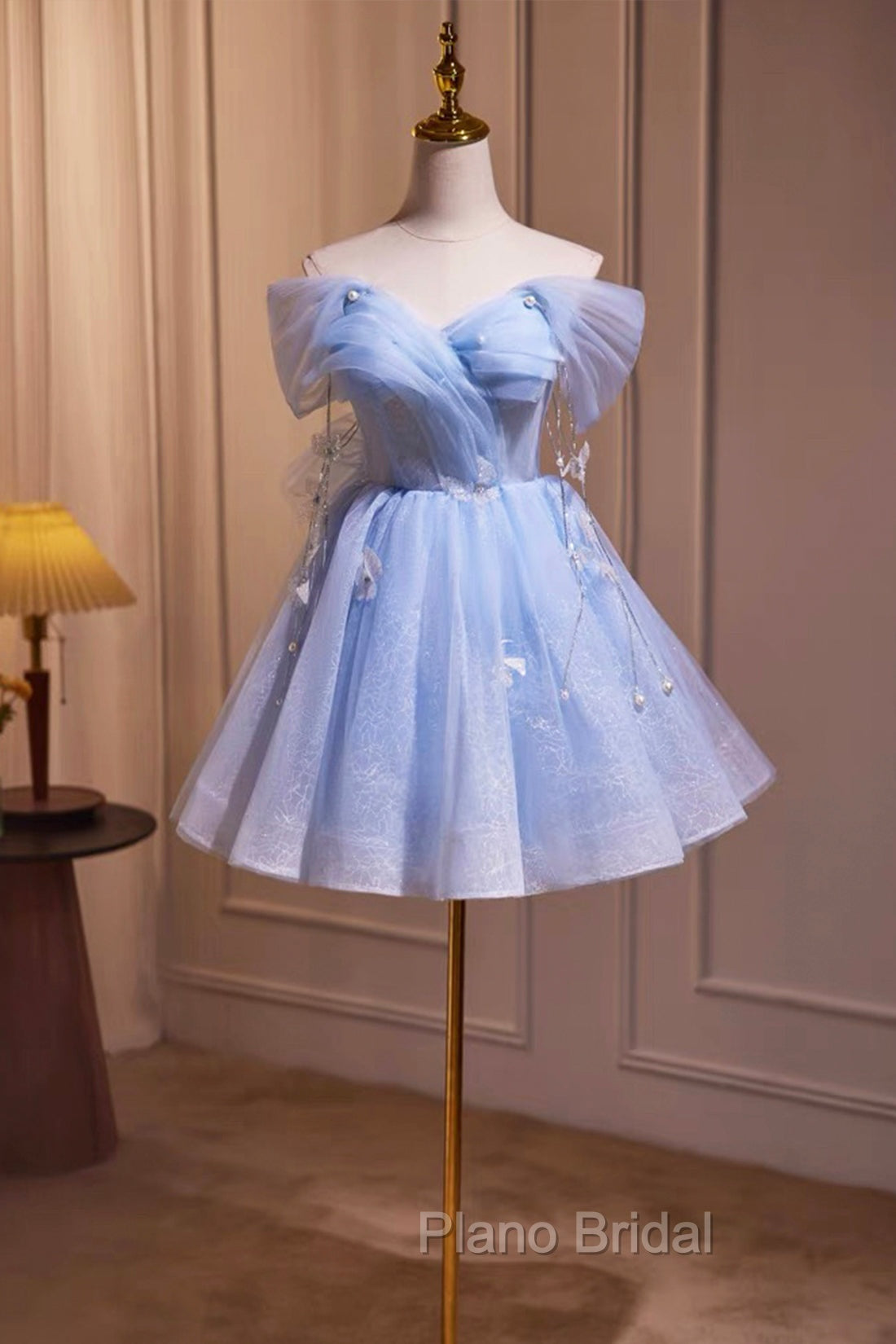 Blue Tulle Short Party Dresses, Lovely A-Line Off Shoulder Formal Prom Dresses