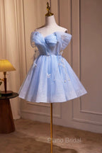 Blue Tulle Short Party Dresses, Lovely A-Line Off Shoulder Formal Prom Dresses