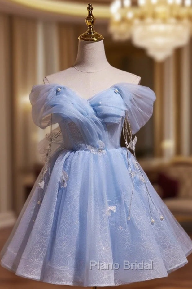 Blue Tulle Short Party Dresses, Lovely A-Line Off Shoulder Formal Prom Dresses Main image