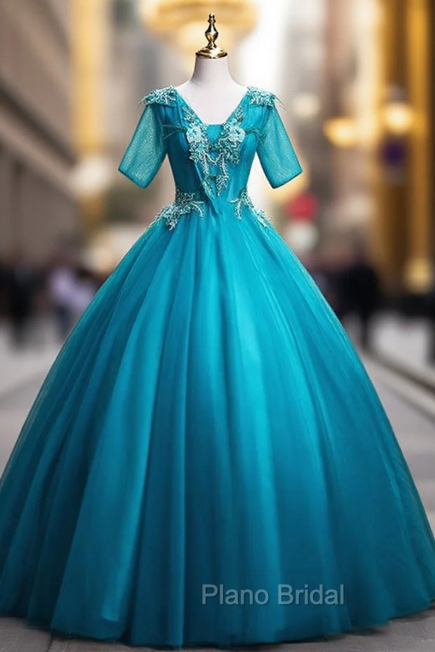 Blue Tulle Short Sleeve Appliques Quinceanera Dresses Main image