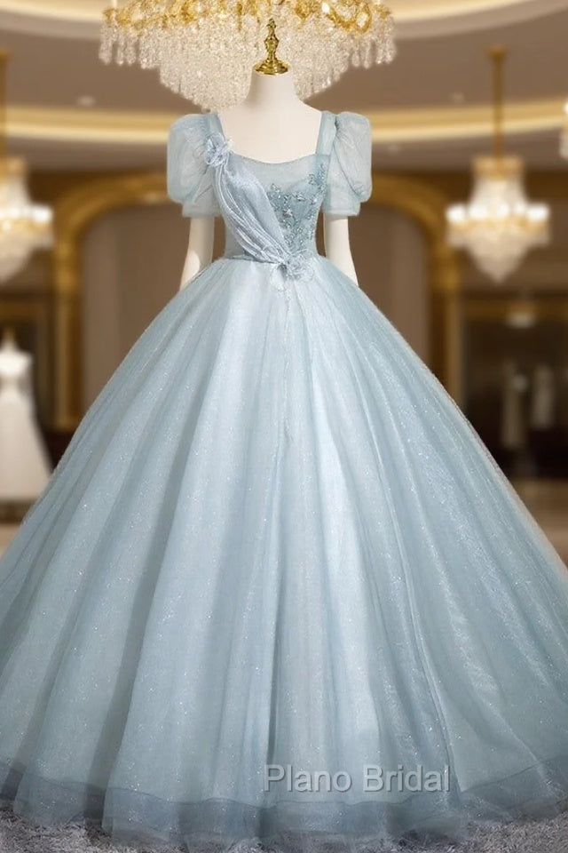 Blue Tulle Short Sleeve Flower Quinceanera Dresses