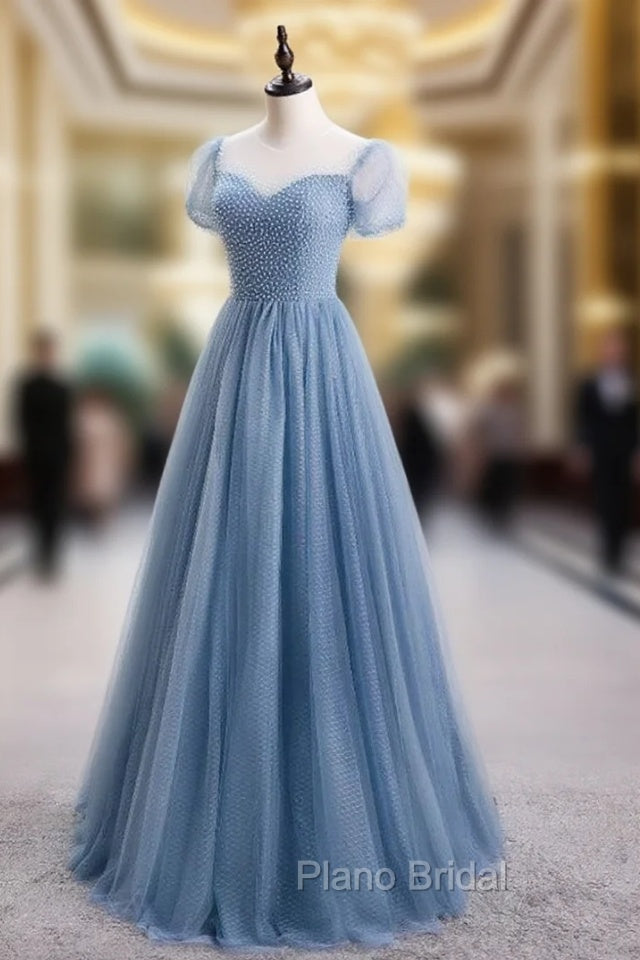 Blue Tulle Short Sleeve Scoop Neck Formal Prom Dresses Main image