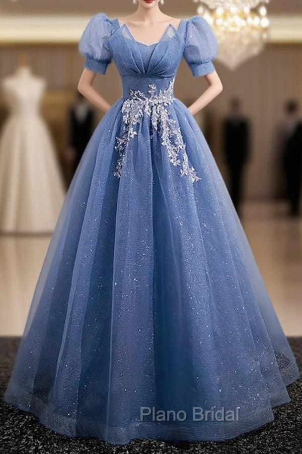 Blue Tulle Short Sleeve Sequins Formal Prom Dresses
