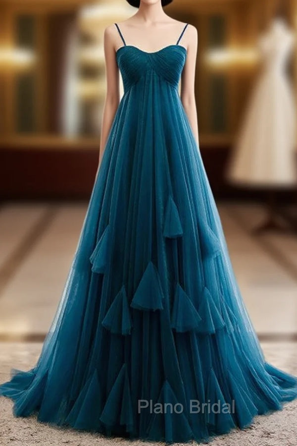 Blue Tulle Spagehtti Straps High Waist Pleats Formal Prom Dresses