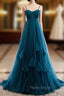 Blue Tulle Spagehtti Straps High Waist Pleats Formal Prom Dresses