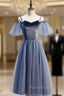 Blue Tulle Spagheti Straps Tea Length Beading Formal Prom Dresses