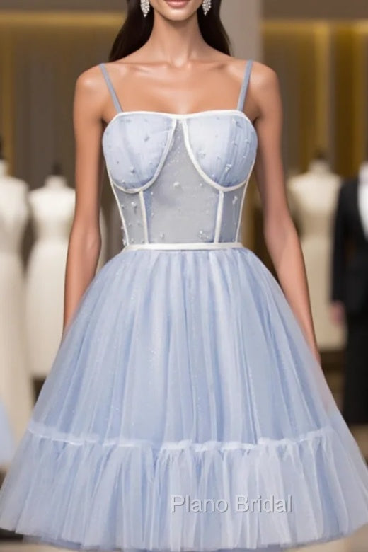 Blue Tulle Spaghetti Pleats Beading Homecoming Dresses Main image
