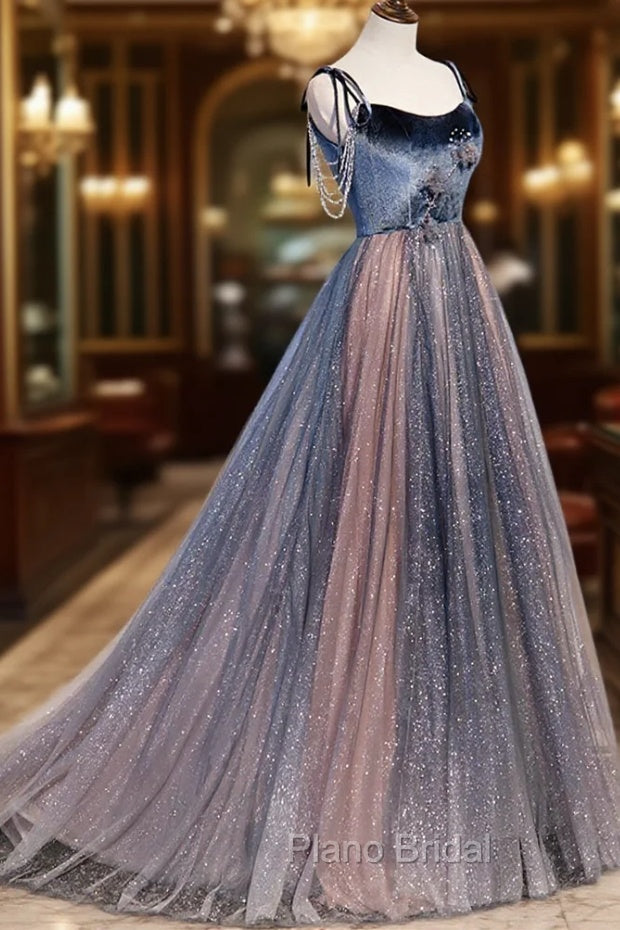 Blue Tulle Spaghetti Strap Long Formal Prom Dresses, A-Line Lace-Up Evening Dresses Secondary image