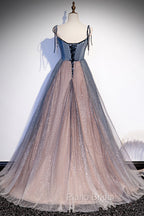 Blue Tulle Spaghetti Strap Long Formal Prom Dresses, A-Line Lace-Up Evening Dresses
