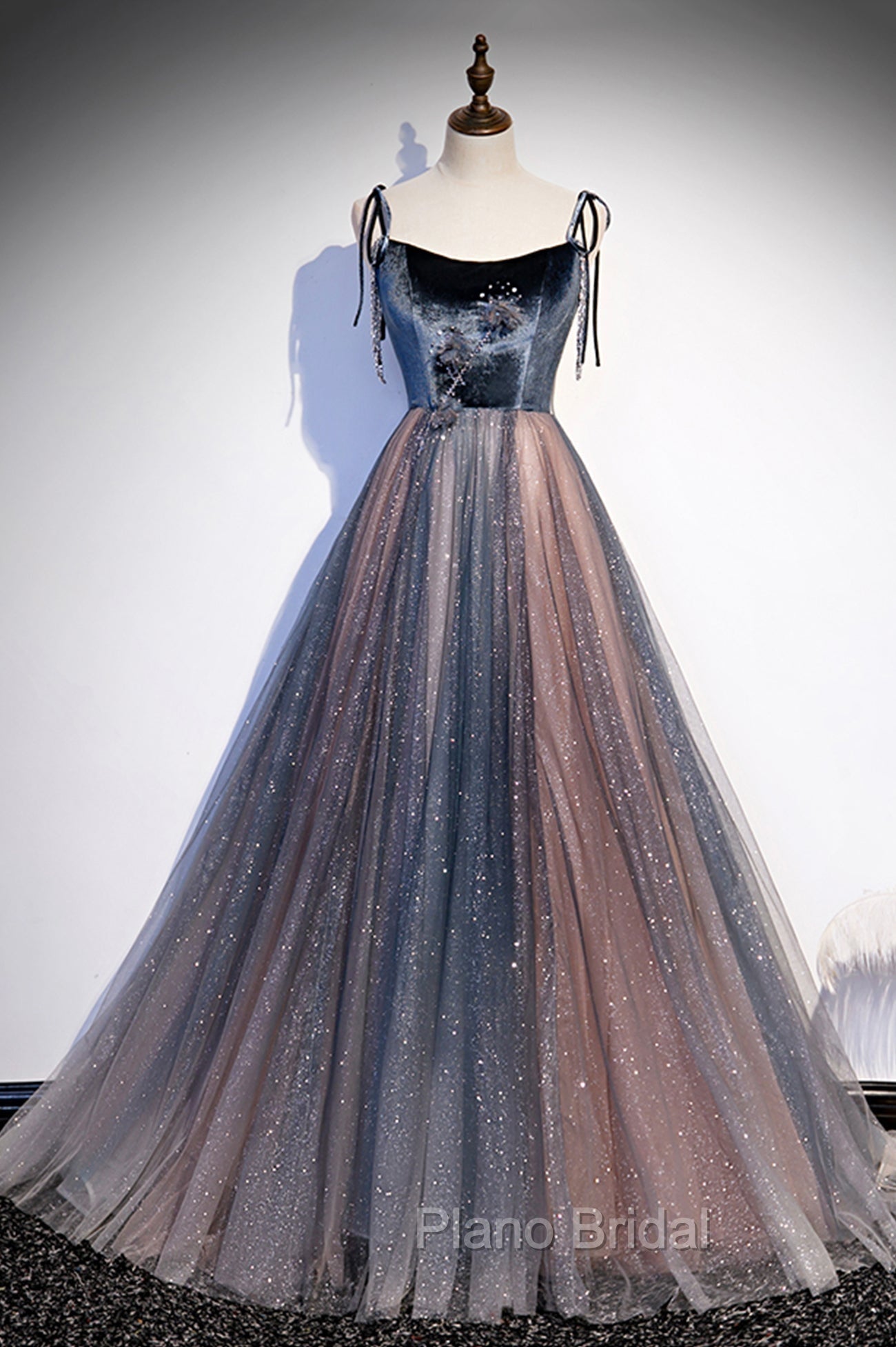 Blue Tulle Spaghetti Strap Long Formal Prom Dresses, A-Line Lace-Up Evening Dresses Main image