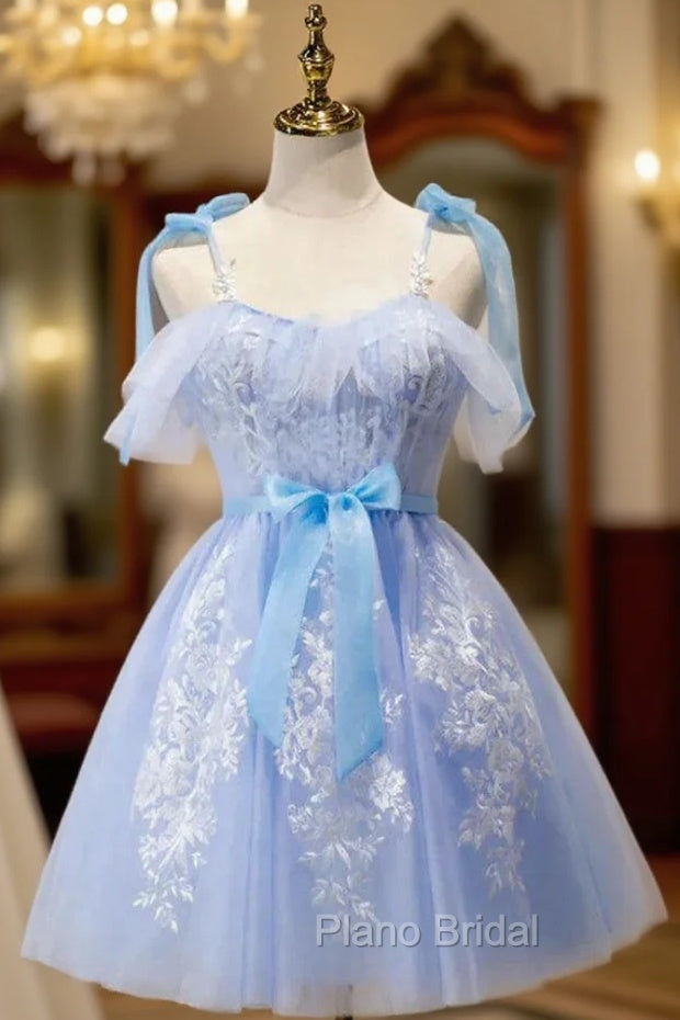 Blue Tulle Spaghetti Straps Appliques Homecoming Dresses Main image