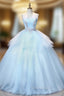 Blue Tulle Spaghetti Straps Appliques Quinceanera Dresses