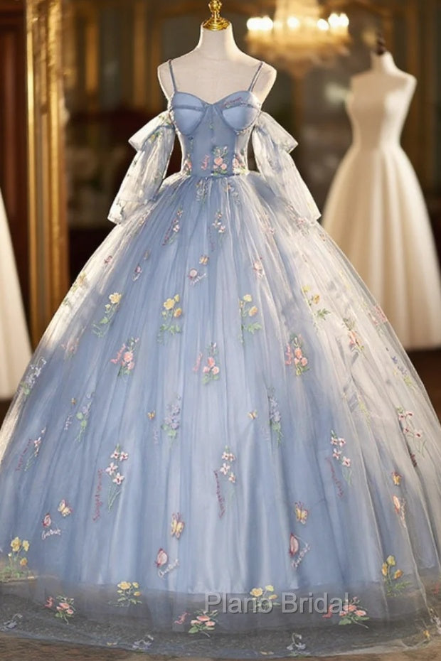 Blue Tulle Spaghetti Straps Embroidery Quinceanera Dresses Main image