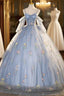 Blue Tulle Spaghetti Straps Embroidery Quinceanera Dresses