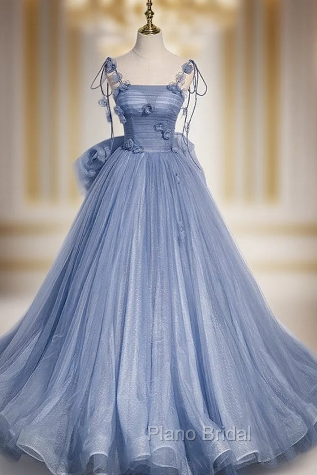 Blue Tulle Spaghetti Straps Flower Bow Formal Prom Dresses Main image