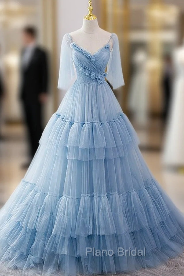 Blue Tulle Spaghetti Straps Pleats Formal Prom Dresses Main image