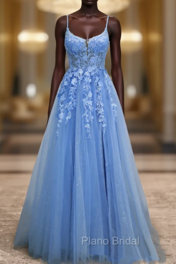 Blue Tulle Spaghetti Straps Formal Prom Dresses Main image