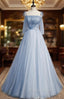 Blue Tulle Spaghetti Straps Sleeveless Formal Prom Dresses
