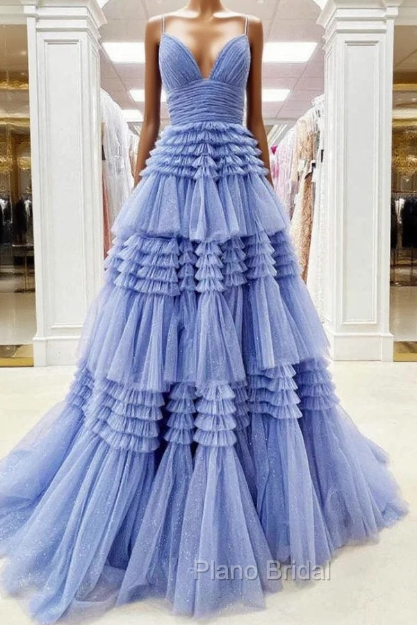 Blue Tulle Spaghetti Straps Tiers Formal Prom Dresses