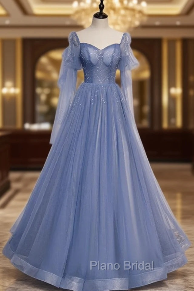 Blue Tulle Square Long Sleeve Beading Formal Prom Dresses