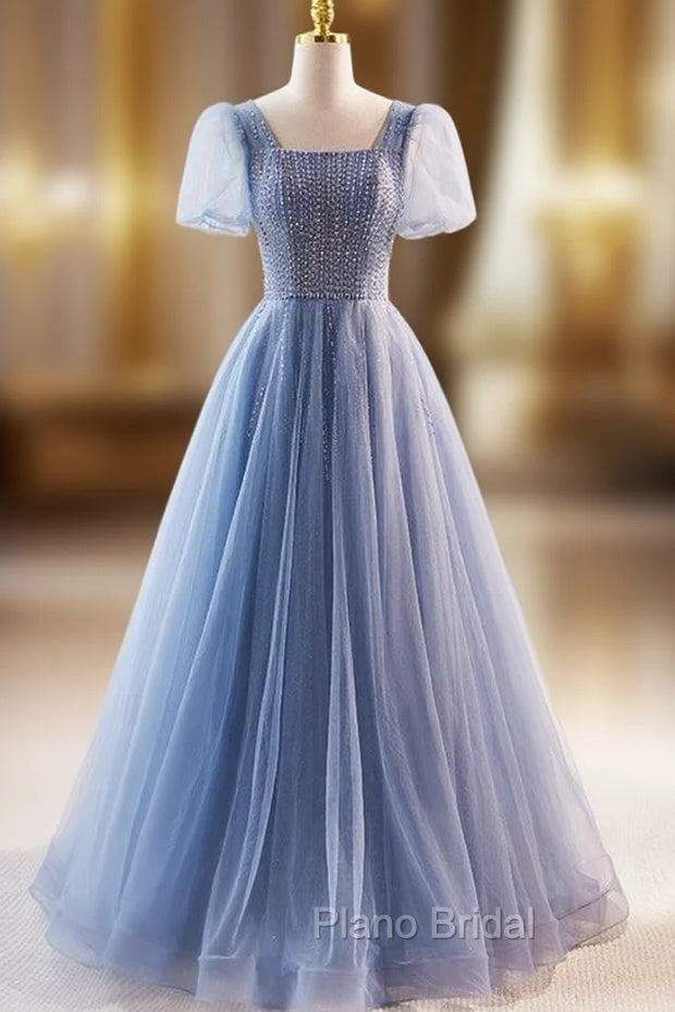 Blue Tulle Square Neck Puff Sleeve Formal Prom Dresses