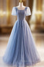 Blue Tulle Square Neck Puff Sleeve Formal Prom Dresses