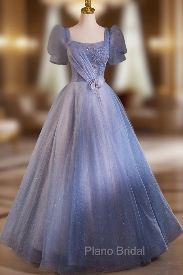 Blue Tulle Square Neck Short Sleeve Beading Flower Formal Prom Dresses