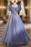 Blue Tulle Square Neck Short Sleeve Beading Flower Formal Prom Dresses